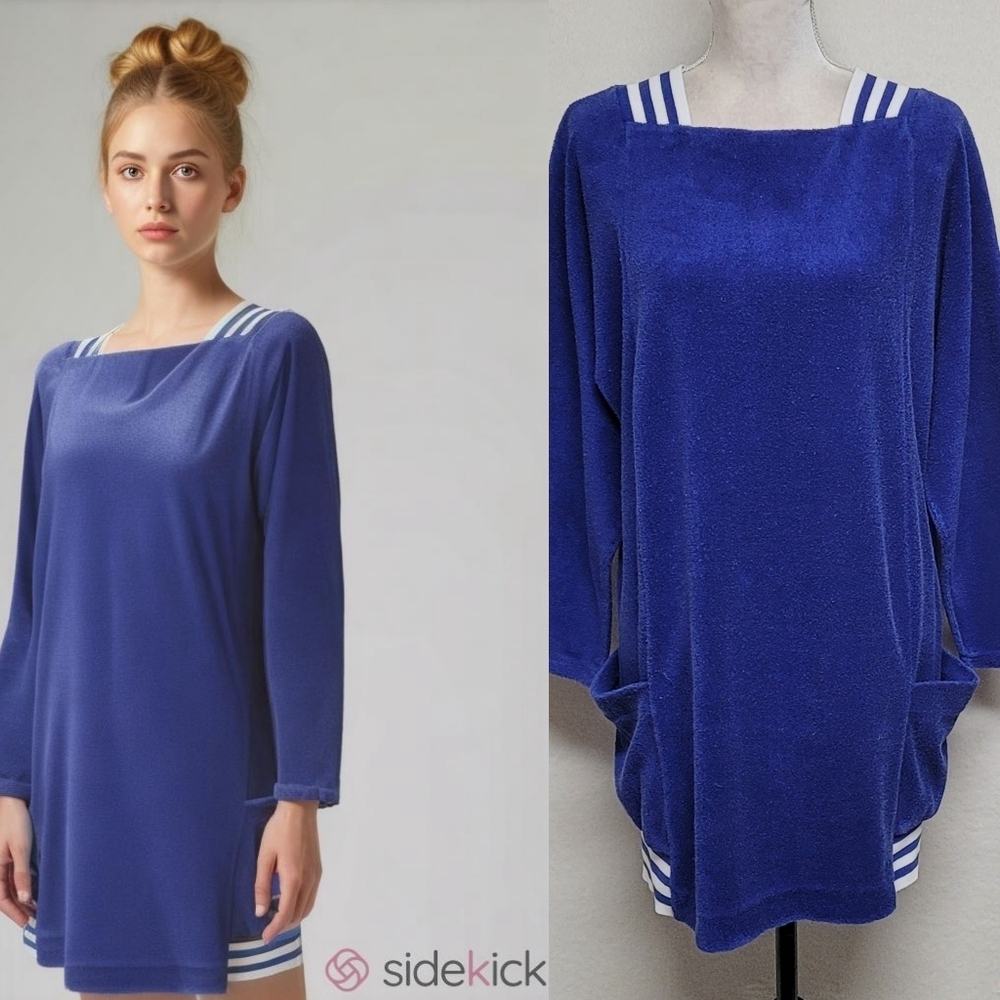 80s Vintage California ROC Navy Blue Terrycloth Striped Panel Mini Dress Large
